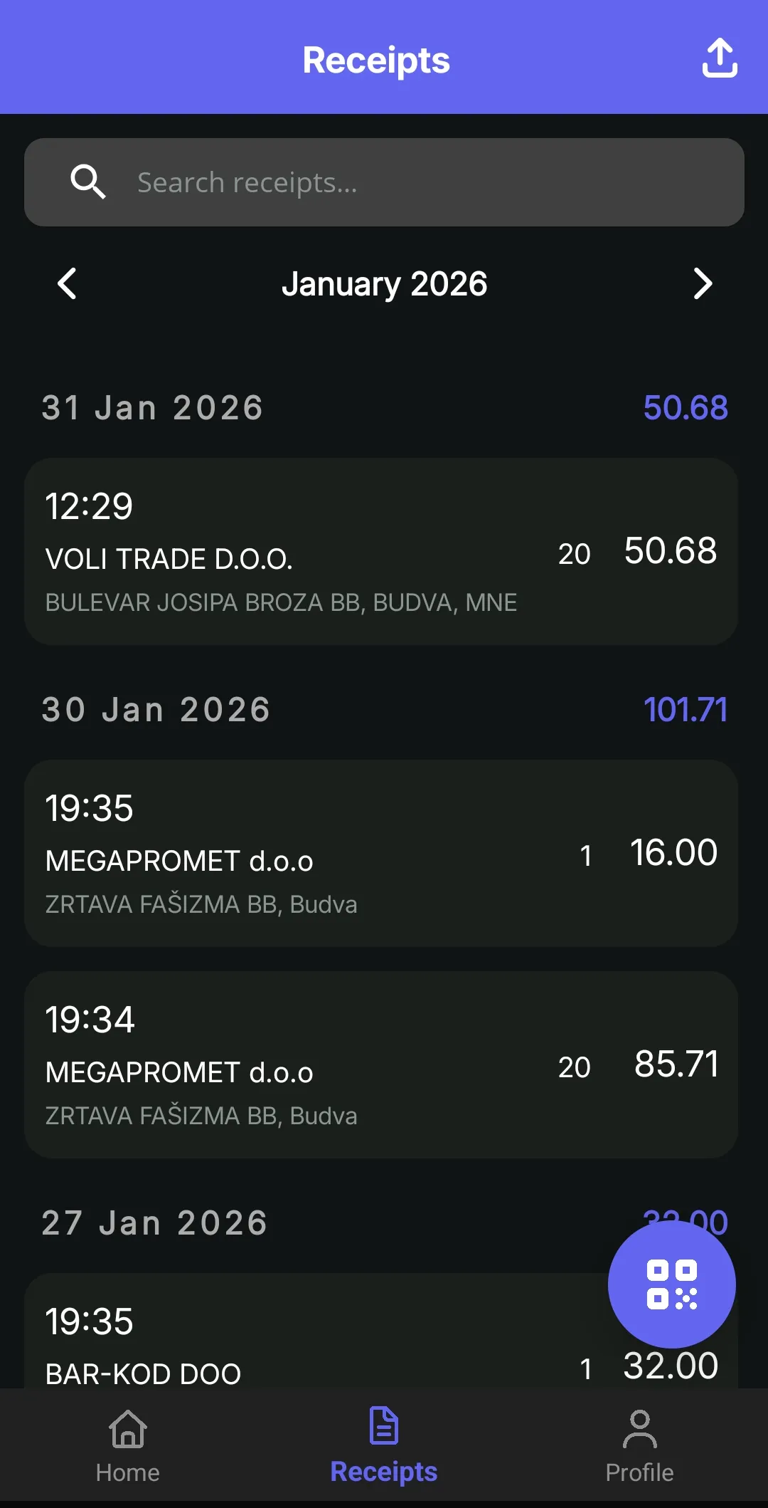 Receipts list (dark)