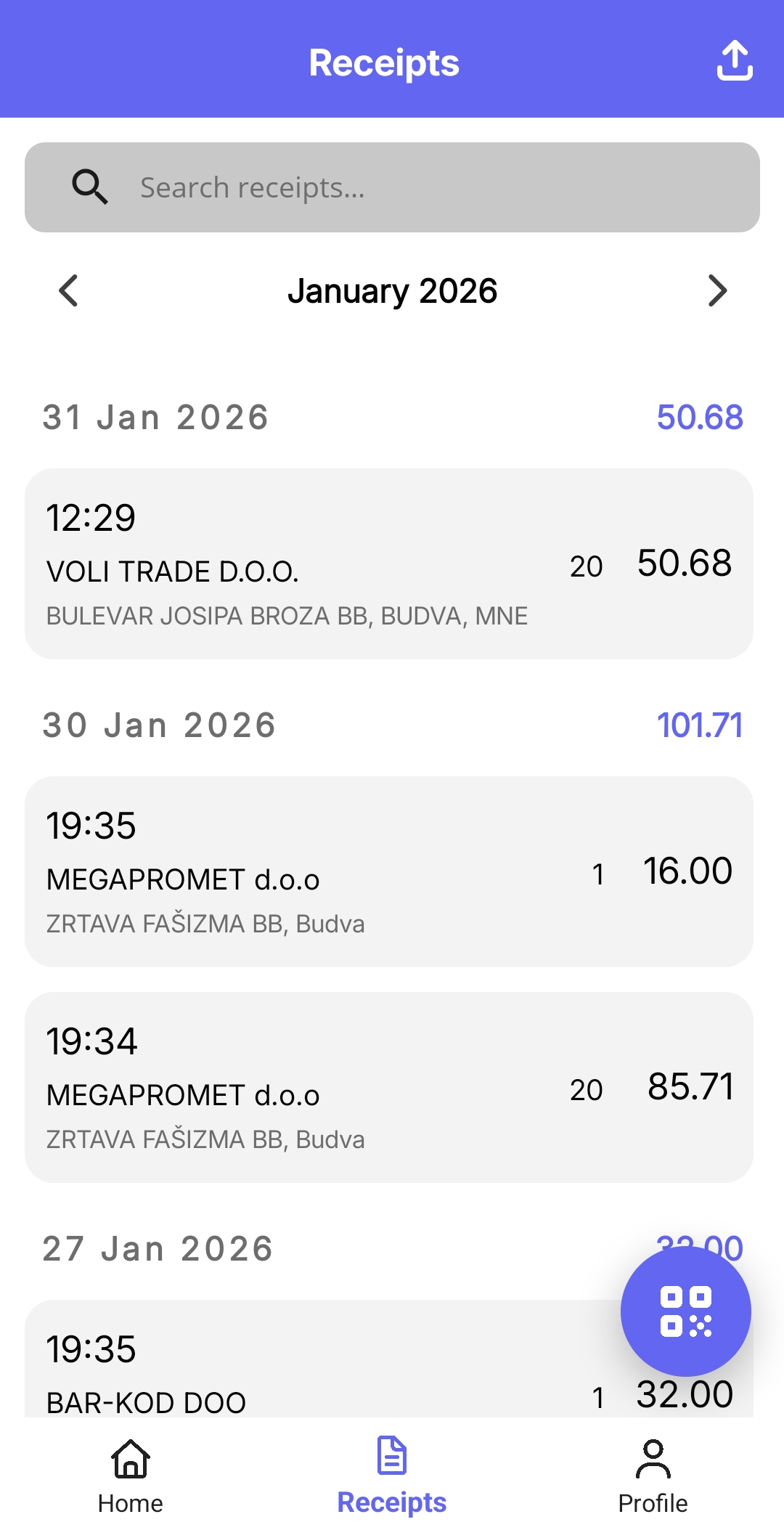 Receipts list (light)