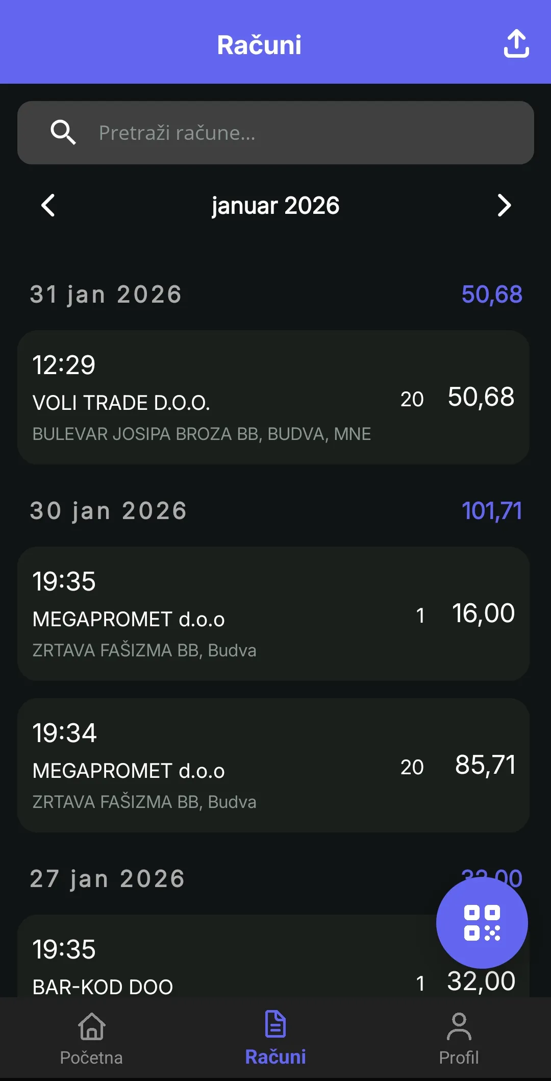 Lista računa (dark)