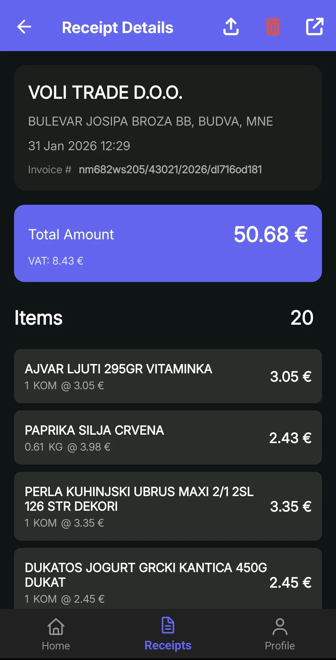 Receipt details (dark)