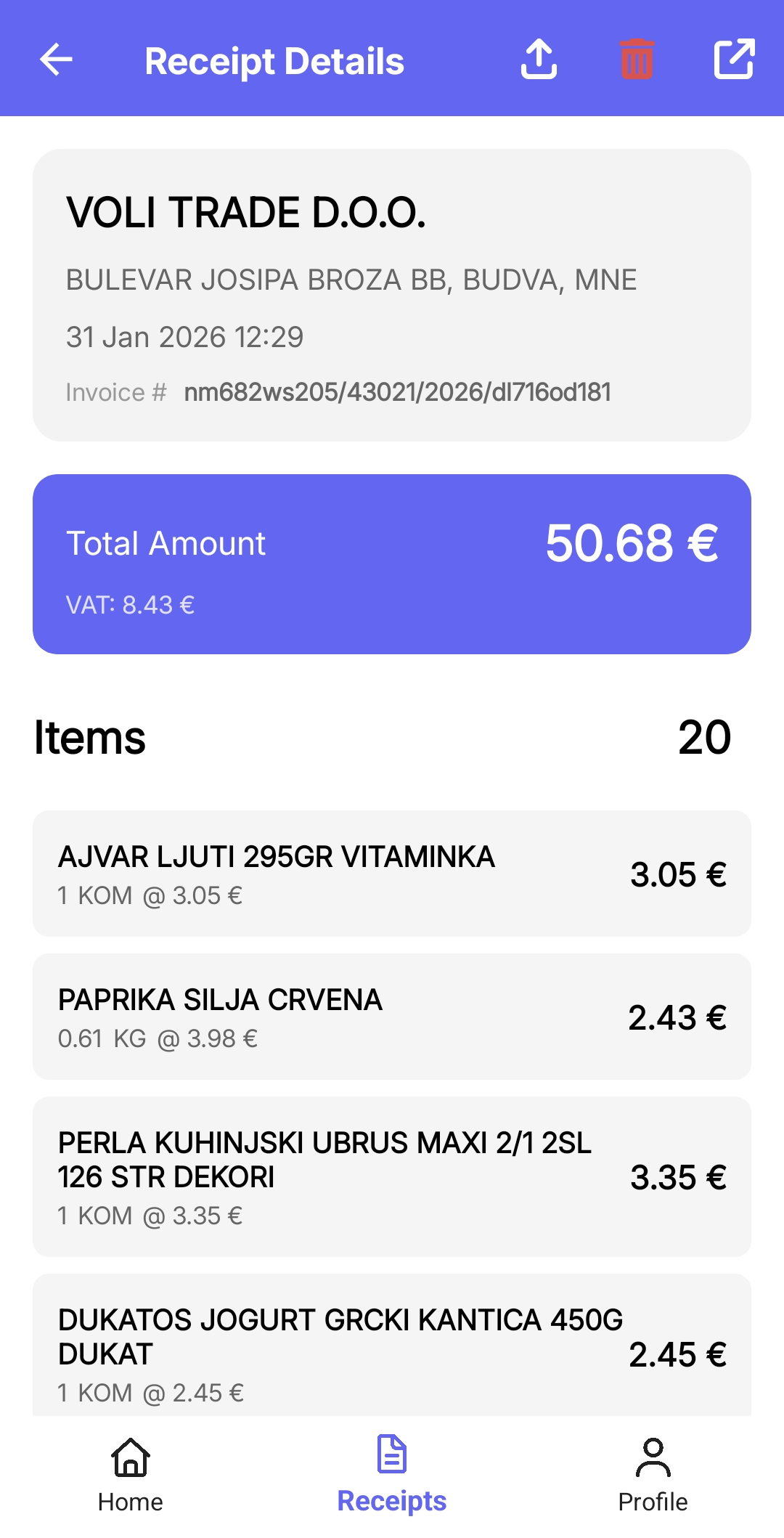 Receipt details (light)