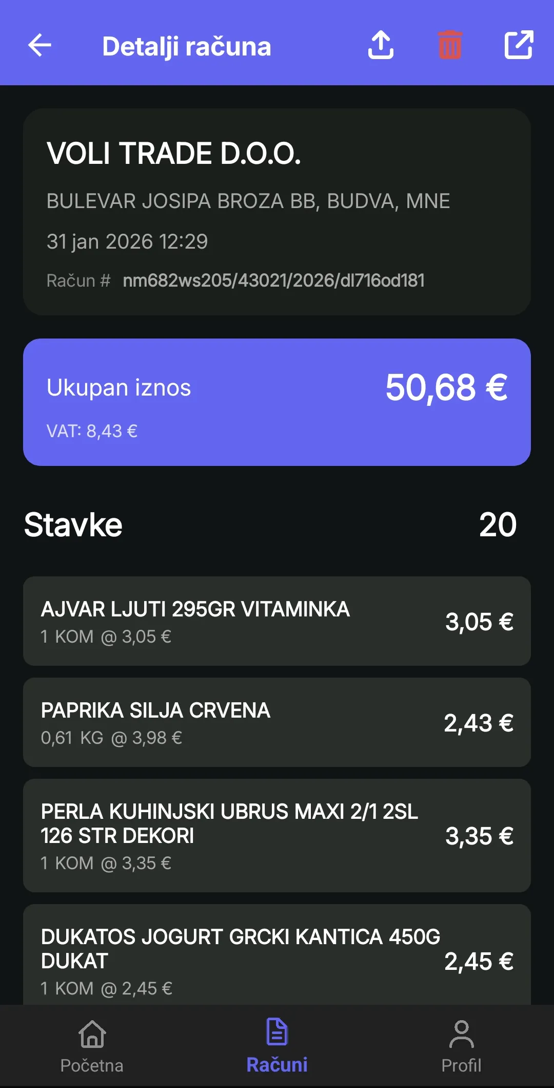 Detalji računa (dark)